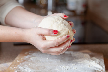 Female hands hold a round piece of dough over a board. Handwork in the kitchenの写真素材