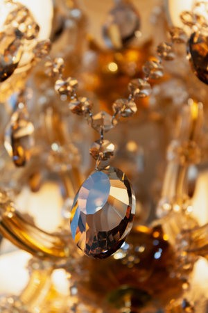 Close-up oval shape crystal pendants for electric modern chandelierの写真素材