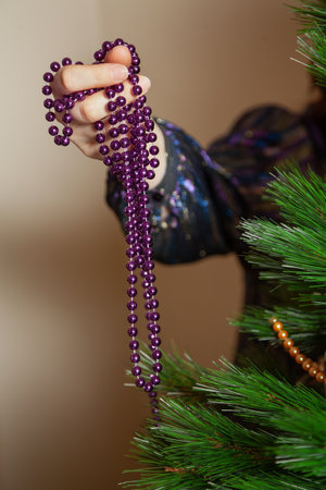 We decorate the Christmas tree. Hands hang a lilac garland of small balls on a green spruce branch close-up.の写真素材