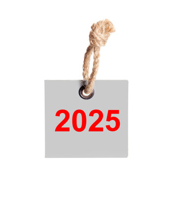 square label on thick rope with a knot on a white background. tag reads 2025 in redの写真素材