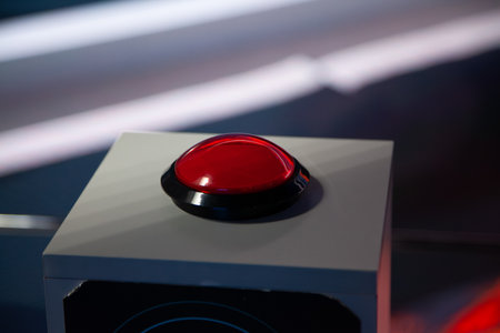 A large, round, red button is located on a square, gray metal remote control.の写真素材