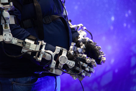 Mechanical exoskeleton control interface. Advanced wearable technology. A cybernetic hand is attached to a person. Futuristic robotics, innovation, human enhancementの写真素材