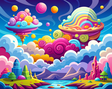 Cartoon fantasy landscape background with flying saucer and colorful clouds illustrationのイラスト素材