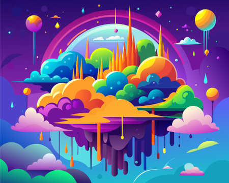 Vector cartoon illustration of fantasy cityscape with clouds, rain, moon, rainbow and stars.のイラスト素材