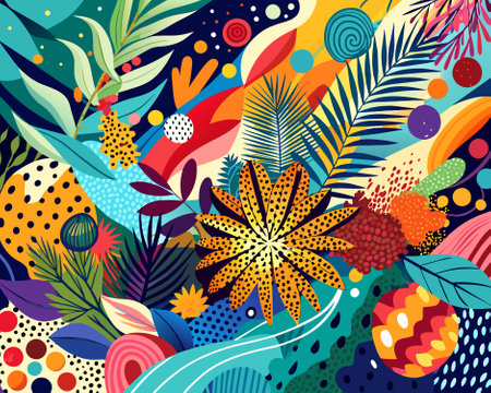Seamless pattern with tropical leaves and flowers. vector illustration.のイラスト素材