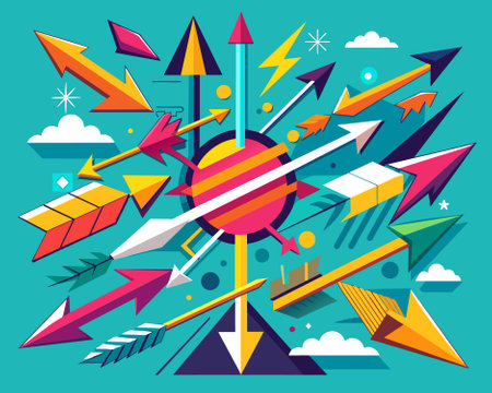 Vector illustration in flat design style with colorful arrows and geometric elements.のイラスト素材