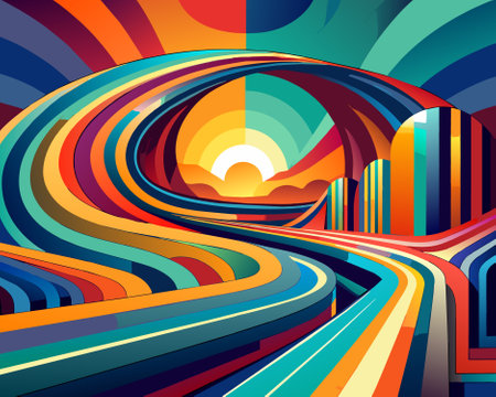 abstract colorful background with curved lines and sun, vector illustration.のイラスト素材
