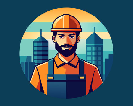 Worker in helmet. Portrait of a man in a helmet. Vector illustrationのイラスト素材