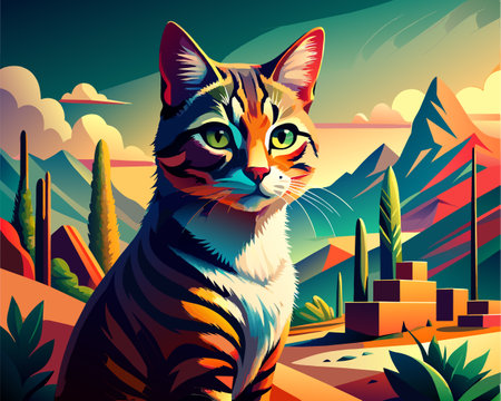 Vector illustration of a cat on the background of the mountains and the cityのイラスト素材