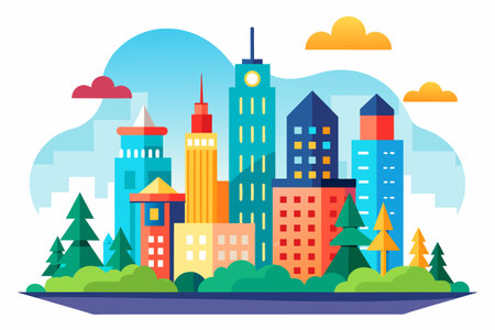 City landscape with skyscrapers and trees. Flat vector illustration.のイラスト素材