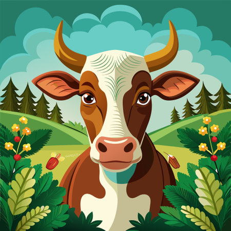 Cow in the forest. Cute cartoon animal. Vector illustration.のイラスト素材