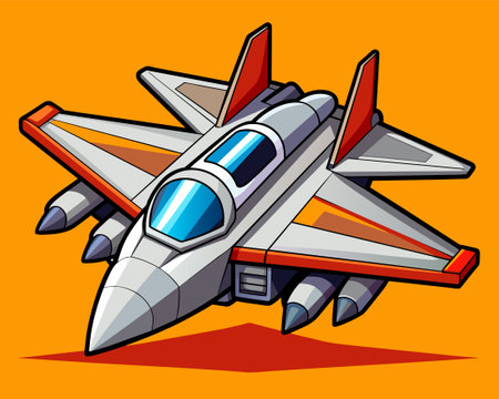 Vector illustration of a cartoon fighter jet isolated on a yellow background.のイラスト素材