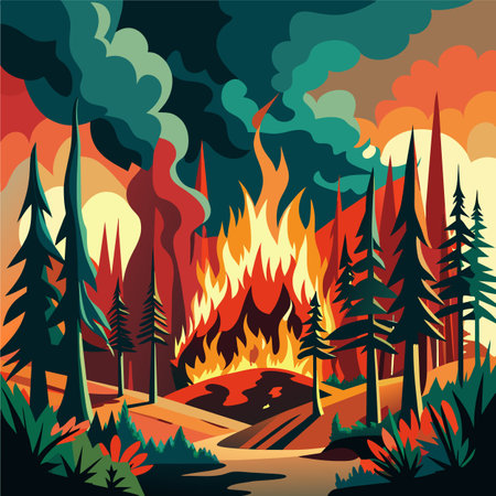 Forest fire. Vector illustration of a forest fire. Natural disaster.のイラスト素材