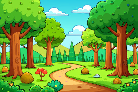 Nature scene with many trees and path in the forest background illustration.のイラスト素材