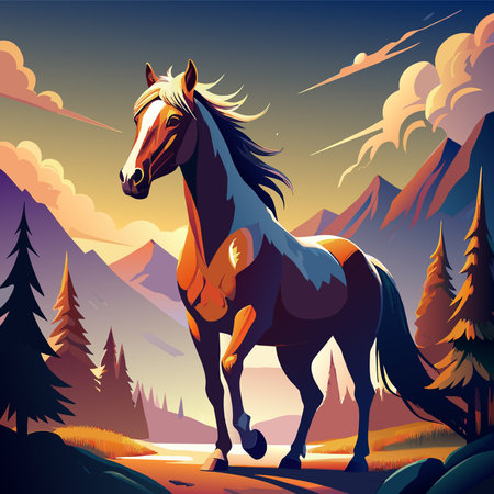 Horse in the mountains. Vector illustration of a wild horse.のイラスト素材