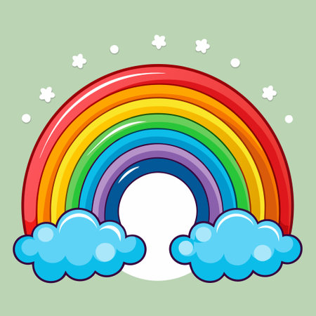 Rainbow with clouds. Vector illustration in a flat style on a green background.のイラスト素材
