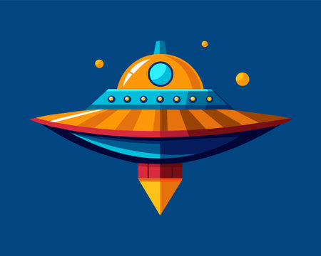 UFO flat vector illustration. Cartoon spaceship isolated on blue background.のイラスト素材
