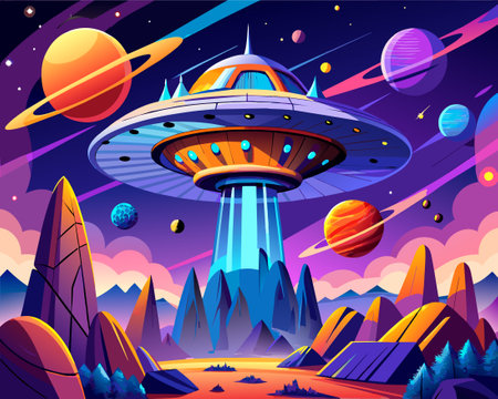 UFO flying in space with planets and stars, cartoon vector illustrationのイラスト素材