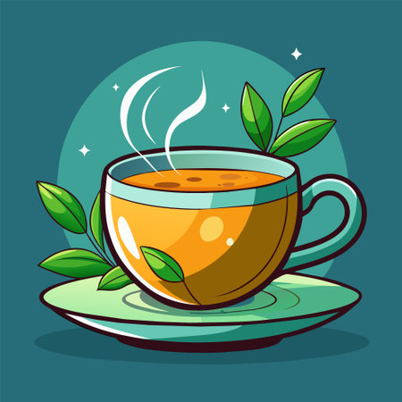 Cup of tea with leaves on green background. Vector illustration.のイラスト素材
