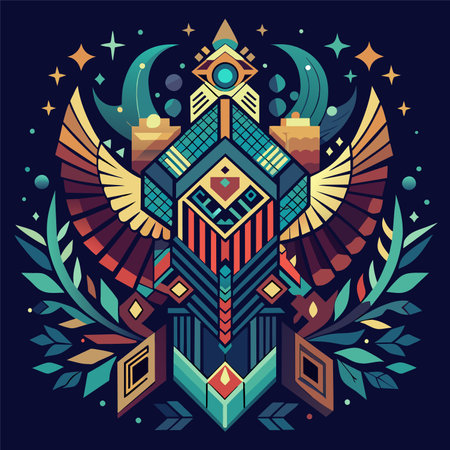 Vector illustration of native American Indian ethnic symbol with feathers, stars and moon.のイラスト素材