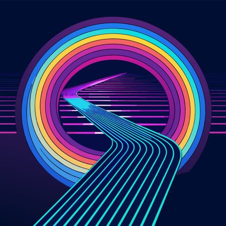 Abstract background with a rainbow and a road in the center. Vector illustration.のイラスト素材