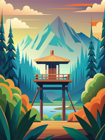 Wooden gazebo in the mountains. Vector illustration.のイラスト素材