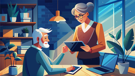 Old man and woman working on laptop at home. Vector illustration in flat style