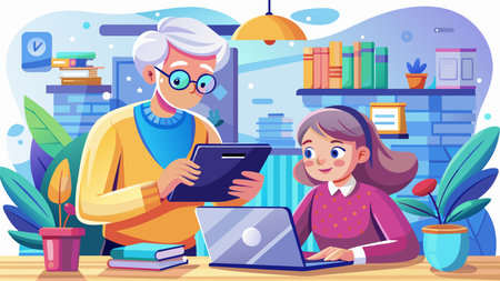 Grandfather and granddaughter using laptop computer at home. Vector cartoon illustrationのイラスト素材