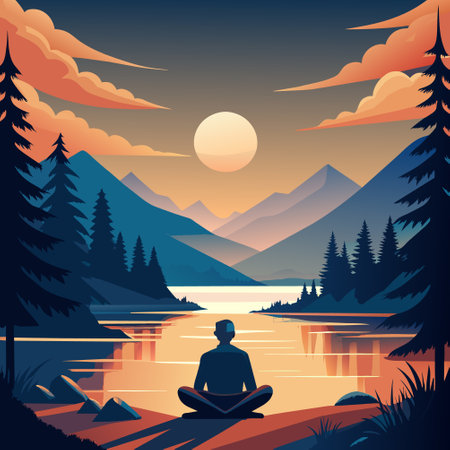 Yoga at the lake in the mountains at sunset. Vector illustration.のイラスト素材