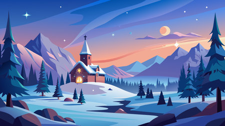 Vector illustration of Christian church in the mountains at night. Beautiful winter landscape.のイラスト素材