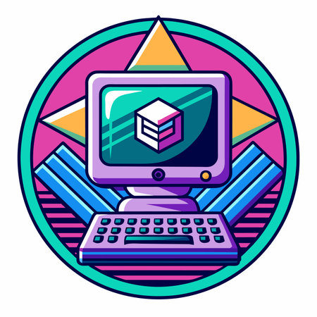3d computer with box on screen and keyboard vector illustration graphic designのイラスト素材