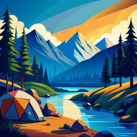 Camping on the shore of a mountain river. Vector illustration.のイラスト素材