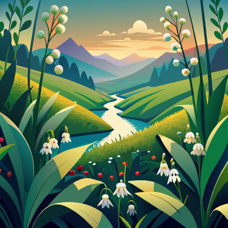 Beautiful landscape with meadow and river. Nature background. Vector illustration.のイラスト素材