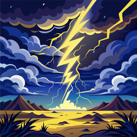 Thunderstorm with lightning. Vector illustration in a flat style. The concept of climate change.のイラスト素材