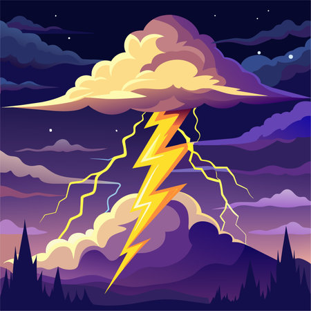 Thunderstorm lightning in the night sky. Vector illustration. Cartoon style.のイラスト素材
