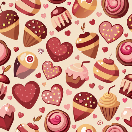 Seamless pattern with cupcakes, hearts and sweets. Vector illustration.のイラスト素材
