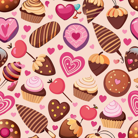 Seamless pattern with chocolate candies and hearts. Vector illustration.のイラスト素材