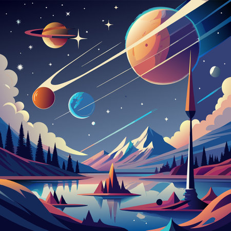 Landscape with planet, starry sky and lake. Vector illustrationのイラスト素材