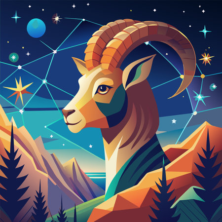 Goat on the background of the night starry sky. Vector illustrationのイラスト素材