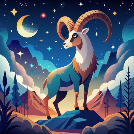 Goat in the mountains at night. Cartoon style. Vector illustration.のイラスト素材