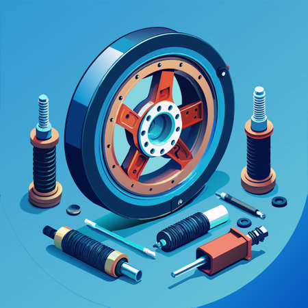 Car wheel isometric composition with auto parts and accessories on blue background vector illustrationのイラスト素材