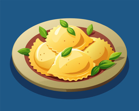 Vector illustration of ravioli with tomato sauce and basil on a blue backgroundのイラスト素材