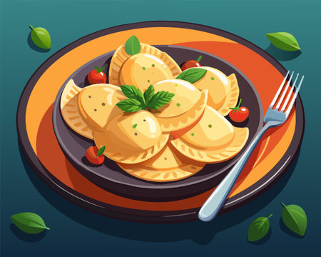 Vector illustration of ravioli with tomato and parsley on plateのイラスト素材
