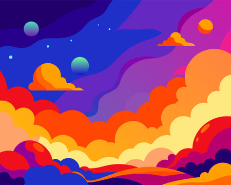 Abstract background with clouds and stars. Colorful vector illustration in flat style.のイラスト素材