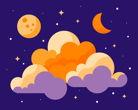 Night sky with clouds and moon. Vector illustration in flat style.のイラスト素材