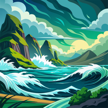 Sea landscape with mountains and sea waves. Vector illustration in cartoon styleのイラスト素材
