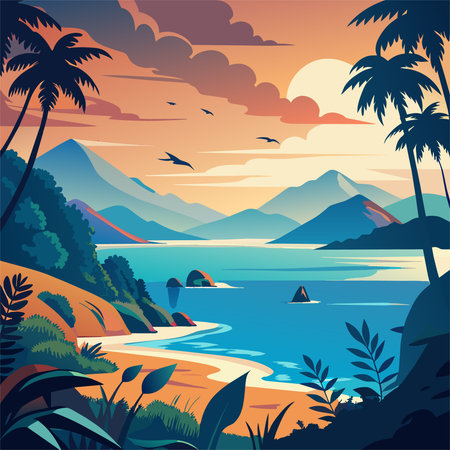 Tropical landscape with palm trees, sea and mountains. Vector illustrationのイラスト素材