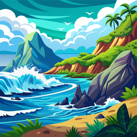 Seascape with mountains and ocean waves. Vector cartoon illustration.のイラスト素材