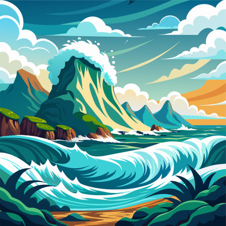 Seascape with mountains and sea waves. Vector cartoon illustration.のイラスト素材