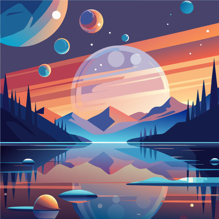 Landscape with lake, mountains, moon and stars. Vector illustrationのイラスト素材